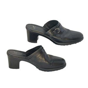 Dansko Black Leather Mule with Chunky Heel has Ornamental Strap with Buckle 11.5